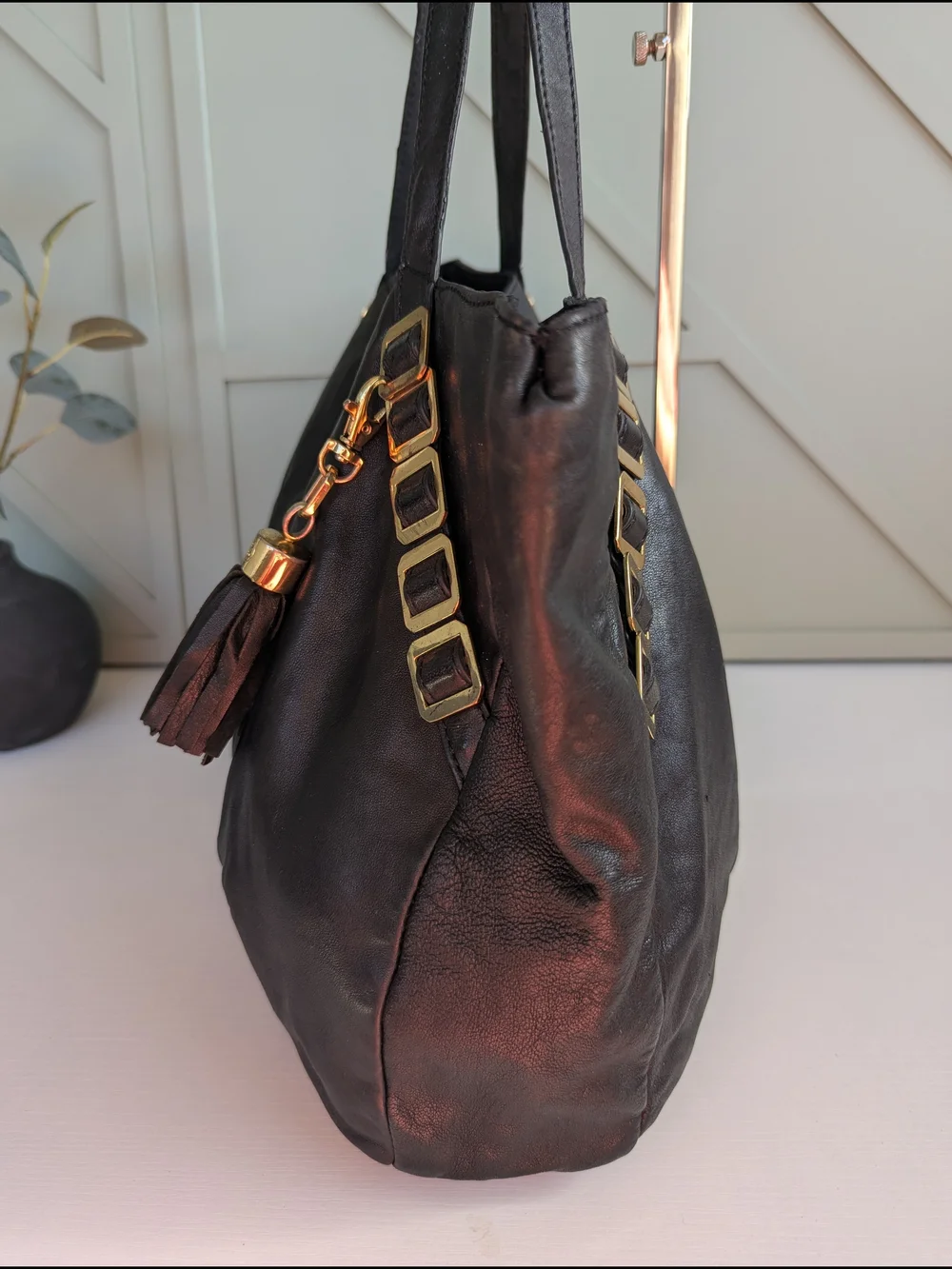 Tory Burch Black Leather Gold-Accent Tassel Tote